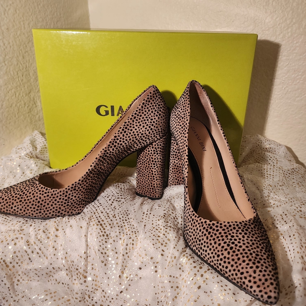 Gianni Bini Kaislie Heel Tan with Black Spots Suede.